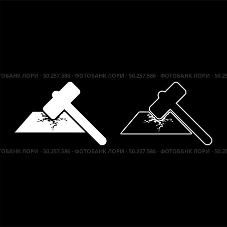 Sledge hammer breaks hard surface with formation of strong cracks icon outline set white color vector illustration flat style simple image. Sledge hammer breaks hard surface with formation of strong cracks icon outline set white color vector illustration flat style image. Стоковая иллюстрация, агентство Ingram Publishing / Фотобанк Лори