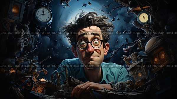 Sleep-deprived man tired from midnight work, computer developer, cartoon style  Generative AI. Стоковое AI-изображение, AI-художник Анна Кривицкая / Фотобанк Лори