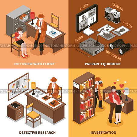 Sleuth Isometric Design Concept. Detective design concept with covered man in coat and his client characters in private and office environment vector illustration. Стоковая иллюстрация, агентство Ingram Publishing / Фотобанк Лори