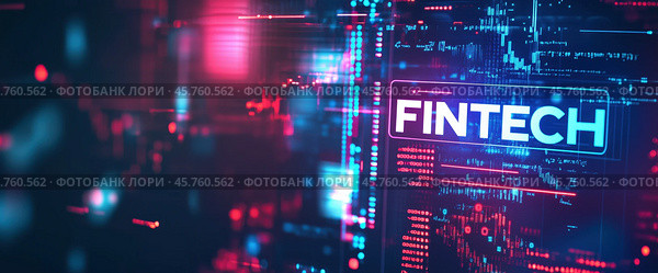 Слово "FINTECH" (Финтех) на синем технологичном фоне. Стоковое AI-изображение, AI-художник Александр Жуков / Фотобанк Лори