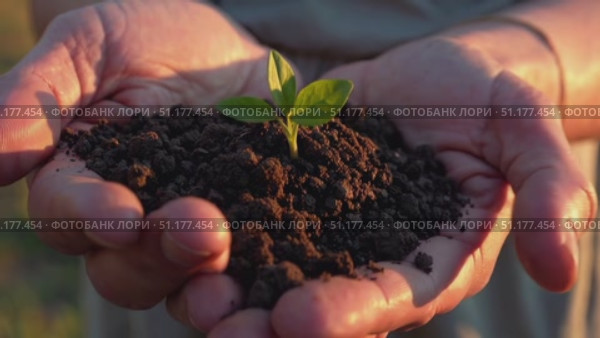 Slow-motion close-up of Caucasian hands holding fertile soil with a newborn plant; warm sunset bokeh — clean 4K 16:9 clip for green initiatives and education. Стоковое AI-видео, аниматор Владислав Войтов / Фотобанк Лори