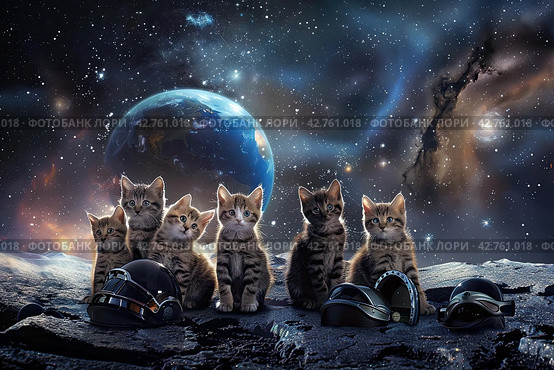 Small fluffy kittens are sitting on the surface of the planet against the background of a cosmic landscape. Стоковое AI-изображение, AI-художник Ярославский Максим / Фотобанк Лори