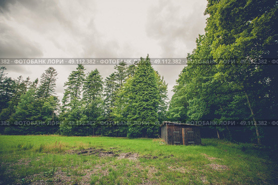 Small wooden shed on a field in a forest. Стоковое фото, агентство Ingram Publishing / Фотобанк Лори