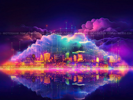 Smart city or digital cityscape IT or Internet of Things cloud computing with hologram. Created by Ai. Стоковое AI-изображение, AI-художник Ярославский Максим / Фотобанк Лори