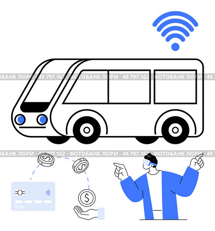 Smart public bus with wireless symbol, contactless credit card payment with digital transaction, person in blue jacket using virtual reality headset. Ideal for transportation, technology, public. Smart public bus with wireless symbol, contactless payment method, and person with virtual reality headset. Стоковая иллюстрация, агентство Ingram Publishing / Фотобанк Лори