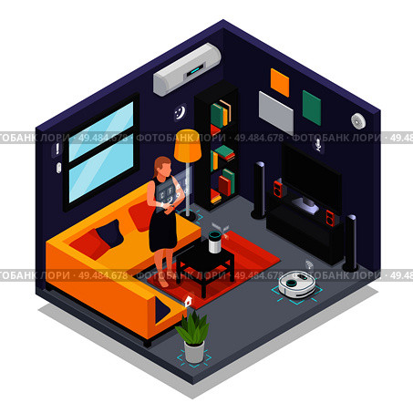 Smarthome living room iot interior with wearable gadgets smartwatch controlling robotic vacuum cleaner isometric composition vector illustration. Стоковая иллюстрация, агентство Ingram Publishing / Фотобанк Лори