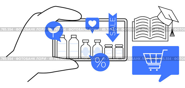 Smartphone screen showing product bottles with sale icons, academic cap, open book, and shopping cart. Ideal for e-commerce, mobile shopping, sales promotion, digital marketing, online education. Hand holding smartphone displaying product bottles with sale icons, education cap, open book, and shopping cart. Стоковая иллюстрация, агентство Ingram Publishing / Фотобанк Лори