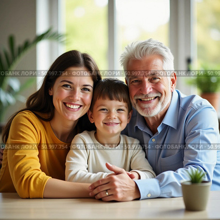 Smiles light up the room as a grandmother and grandfather embrace their grandson, creating cherished memories in their bright, welcoming home during a sunny afternoon Generative AI. Стоковое AI-изображение, AI-художник Юлия Петровская / Фотобанк Лори