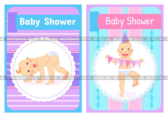 Smiling baby in holiday cone hat, birthday card. Tumbling funny newborn in diaper, colorful festive postcard decorated by portrait view of kids vector. Tumbling Baby and Birthday Newborn Postcard Vector. Стоковая иллюстрация, агентство Ingram Publishing / Фотобанк Лори