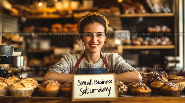 Smiling bakery owner celebrating small business saturday with fresh artisan pastries. Стоковое AI-изображение, AI-художник Сергей Бирюков / Фотобанк Лори