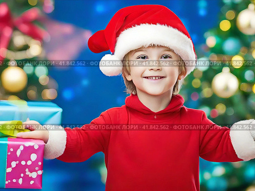 Smiling boy in a red Christmas hat with gifts near the Christmas tree. Стоковое AI-изображение, AI-художник Сергей Елизарьев / Фотобанк Лори