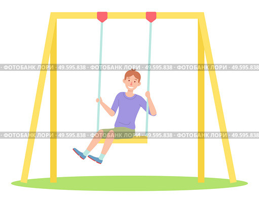 Smiling boy in purple T-shirt, green shorts is swinging on yellow swing, green lawn, playground. The child is actively resting in nature. Happy childhood. Cartoon vector image isolated on white. Happy boy has fun swinging on swing, playground. Outdoor games. Flat vector image on white. Стоковая иллюстрация, агентство Ingram Publishing / Фотобанк Лори