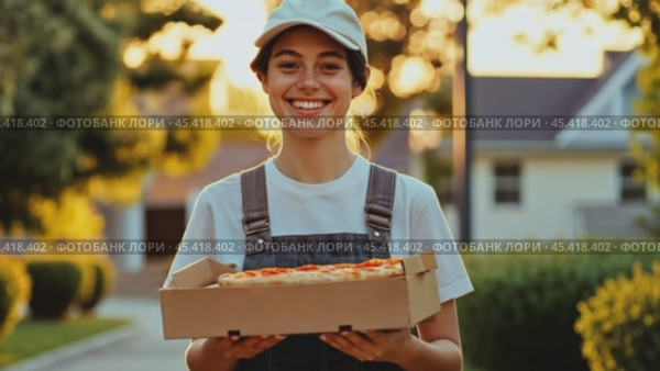 Smiling delivery woman holding pizza box at sunset in residential area. Стоковое AI-видео, аниматор Юрий Поздников / Фотобанк Лори