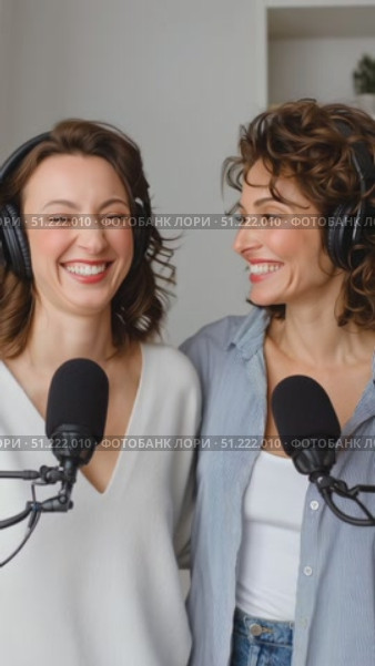 Smiling female radio broadcasters laughing during podcast recording, wearing headphones while producing entertaining audio content. Стоковое AI-видео, аниматор Юрий Поздников / Фотобанк Лори