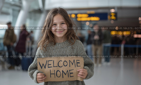 Smiling girl holding a "Welcome Home" sign at airport arrivals, expressing joy and warmth while waiting for a loved one in a busy, modern terminal. Стоковое AI-изображение, AI-художник Катерина Бондарец / Фотобанк Лори