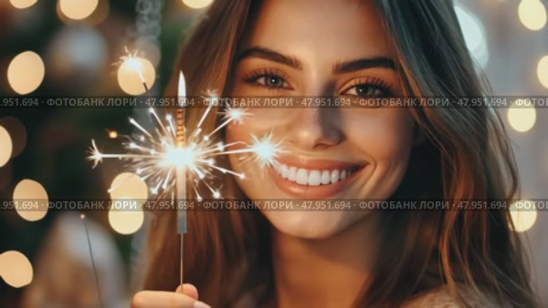 Smiling Girl with Fire Sparkler Glow in the Winter Season. pleased happy smiling young 20s woman is holding a bright sparkler in a festive winter setting. Glowing blur bokeh light on background. Стоковое AI-видео, аниматор Марина Демидюк / Фотобанк Лори
