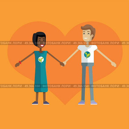 Smiling man and woman with branch and leaves emblem on clothes, standing and holding hands. Ecologist, environmentalist, nature protection activist or volunteer illustration. Flat design. Earth day.. Earth Day Celebrating Concept Vector Illustration.. Earth Day Celebrating Concept Vector Illustration. Стоковая иллюстрация, агентство Ingram Publishing / Фотобанк Лори