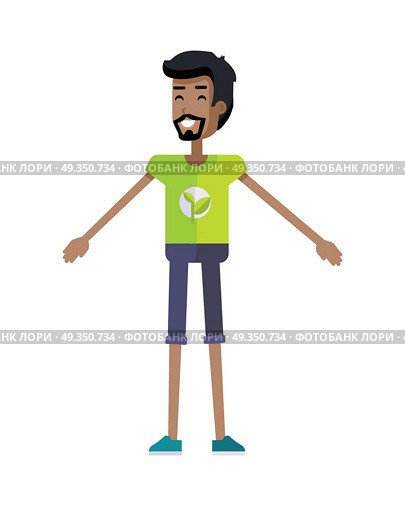 Smiling man with branch and leaves emblem on clothes, standing as part of human chain. Ecologist, environmentalist, nature protection activist or volunteer illustration. Flat design. Earth day.. Young Ecologist Character Vector Illustration.. Young Ecologist Character Vector Illustration. Стоковая иллюстрация, агентство Ingram Publishing / Фотобанк Лори