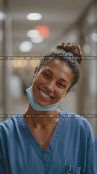 Smiling medical professional in scrubs in a healthcare facility corridor. Стоковое AI-видео, аниматор Сергей Толмачёв / Фотобанк Лори