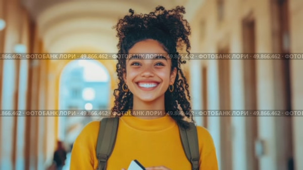 Smiling Student with Backpack in Archway. Стоковое AI-видео, аниматор Данила Большаков / Фотобанк Лори