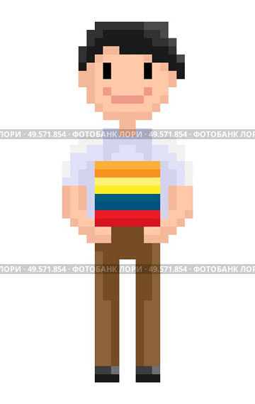 Smiling superhero holding colorful box, portrait and full length view of standing pixel character, geometric person in flat design style, pixel-art vector, pixelated 8 bit game personage. Pixel Character, Geometric Superhero, Game Vector. Стоковая иллюстрация, агентство Ingram Publishing / Фотобанк Лори