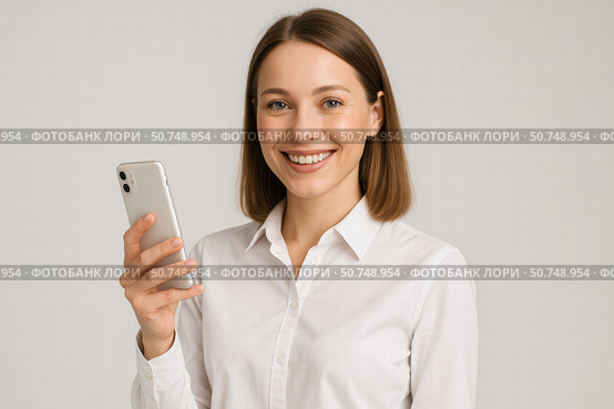 Smiling Woman in a White Shirt Holding a Smartphone, Exuding Confidence and Approachability in a Modern, Professional Setting. Стоковое AI-изображение, AI-художник Башкирова Анна / Фотобанк Лори