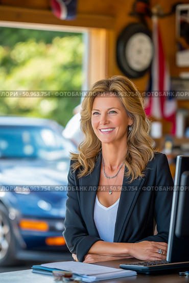 Smiling woman with long blonde hair, dressed in a black blazer, is standing at a desk in an automotive shop, showcasing a welcoming atmosphere and professional demeanor. Стоковое AI-изображение, AI-художник Ирина Ручушкина / Фотобанк Лори