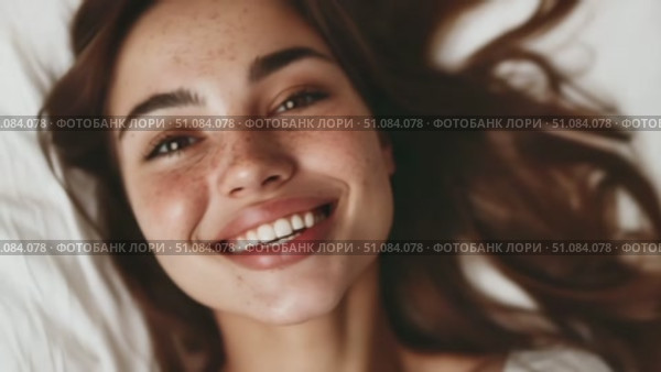 Smiling young Caucasian woman with long brown hair and freckles. She is lying on a bed, showcasing a joyful expression and natural beauty. Стоковое AI-видео, аниматор Nart / Фотобанк Лори