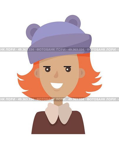 Smiling Young Pretty Red-Haired Girl in Blue Hat. Vector portrait of smiling young pretty woman in blue hat and brown blouse with collar in white background. Red-Haired happy cartoon girl in a funny clothes. Vector illustration. Blue hat with ears. Стоковая иллюстрация, агентство Ingram Publishing / Фотобанк Лори