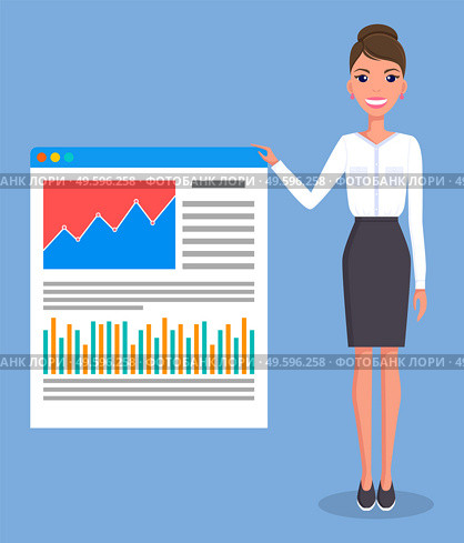 Smiling young woman gives a report, businesswoman standing near demo poster with performance charts and description diagram. Business presentation and project management concept vector illustration. Smiling young businesswoman gives a report. Business presentation concept vector illustration. Стоковая иллюстрация, агентство Ingram Publishing / Фотобанк Лори