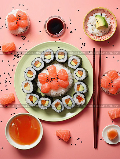 Smooth laying out of various sushi rolls on plates with chopsticks on the table. Created by AI. Стоковое AI-изображение, AI-художник Ярославский Максим / Фотобанк Лори