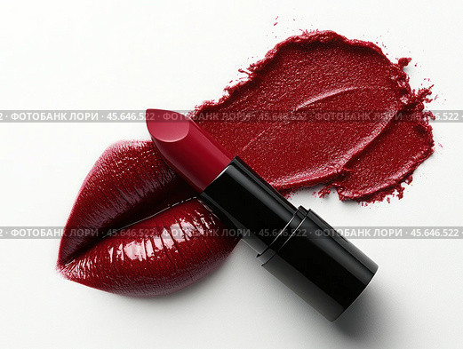 Smudged lipstick of bright red color on a pure white background next to beautiful female lips, lipstick, stain, cosmetics, cosmetic product, close-up, cosmetics, smudged, makeup, bright, beauty. Стоковое AI-изображение, AI-художник Ярославский Максим / Фотобанк Лори