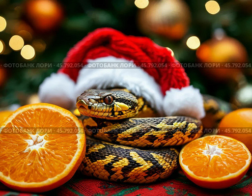 Snake, symbol of 2025 according to the Eastern calendar, in Santa Claus's New Year's hat. Snake symbolizes wisdom, vitality, immortality and healing power. New Year's card. Стоковое AI-изображение, AI-художник Сергей Елизарьев / Фотобанк Лори