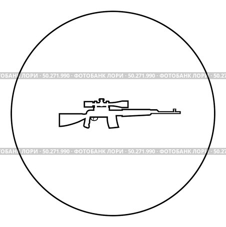 Sniper rifle icon in circle round outline black color vector illustration flat style simple image. Sniper rifle icon in circle round outline black color vector illustration flat style image. Стоковая иллюстрация, агентство Ingram Publishing / Фотобанк Лори