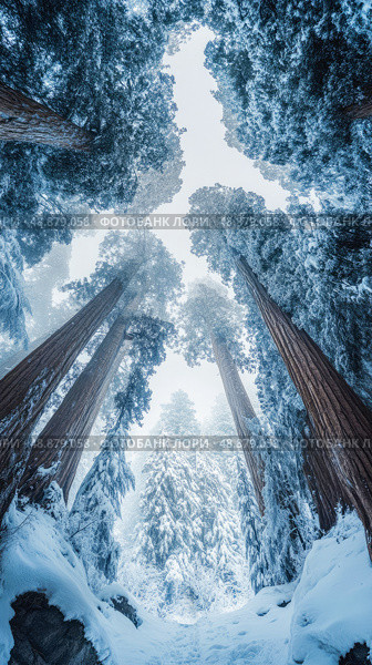 Snow-covered sequoia trees stand tall in winter forest landscape during a serene snowfall. Стоковое AI-изображение, AI-художник Александр Довянский / Фотобанк Лори