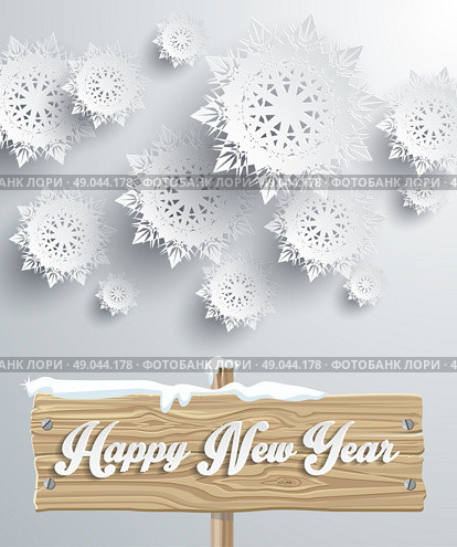 Snowflakes background for winter and new year, christmas theme. Snow, christmas, snowflake background, snowflake winter. 3D paper snowflakes. Happy New Year on wooden sign board. Silver snowflake. Стоковая иллюстрация, агентство Ingram Publishing / Фотобанк Лори