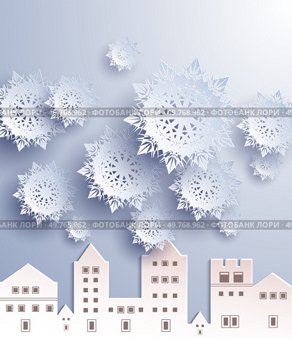Snowflakes of various sizes float above a quaint village with houses and buildings in soft, muted tones. Ideal for winter themes, holiday greetings, seasonal decorations, festive cards, and winter. Snowflakes Falling Over a Winter Village Scene Featuring a Paper-Cut Art Style. Стоковая иллюстрация, агентство Ingram Publishing / Фотобанк Лори