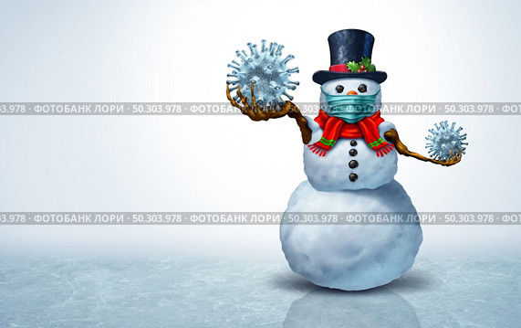 Snowman wearing a face mask concept as a winter snow man holiday season symbol for health and healthcare disease prevention as medical equipment preventing a virus with 3D illustration elements. Стоковое фото, агентство Ingram Publishing / Фотобанк Лори