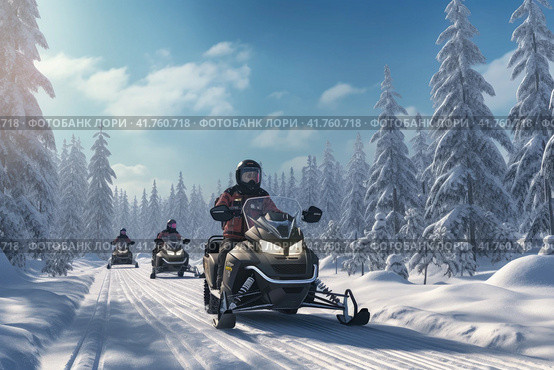 Snowmobiling Expedition: Embracing Winter Nature's Beauty in Snowy Forests. Стоковое AI-изображение, AI-художник Юрий Поздников / Фотобанк Лори