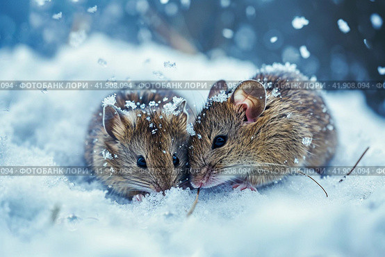 Snowstorm, two mice snuggling together and almost covered in snow, ,Generative AI. Стоковое AI-изображение, AI-художник Анна Кривицкая / Фотобанк Лори