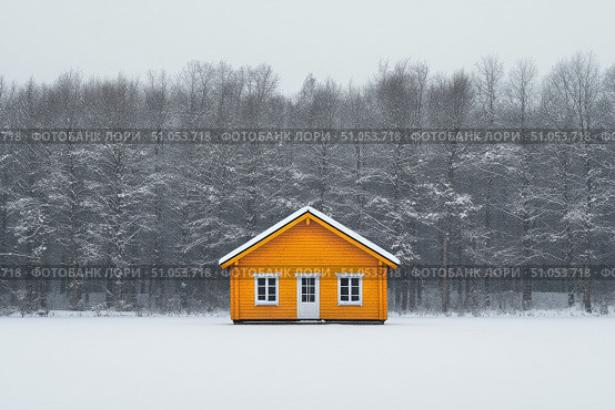 Snowy Landscape Showcasing an Orange Cabin Surrounded by Frosted Trees in a Winter Setting. Стоковое AI-изображение, AI-художник Юлия Гапеенко / Фотобанк Лори