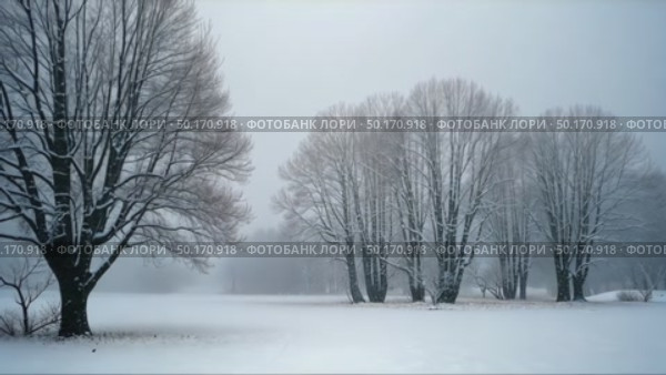 Snowy landscape with trees standing in the foreground, the background is foggy, creating a depth effect, the light is su. Стоковое AI-видео, аниматор Sergey Grishin / Фотобанк Лори