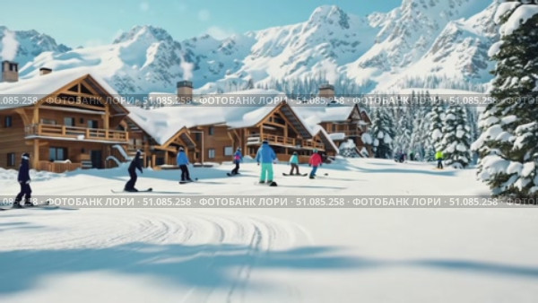 Snowy mountain resort with wooden chalets. People skiing and enjoying winter sports. Clear blue sky and snow-covered landscape create a picturesque scene. Стоковое AI-видео, аниматор Nart / Фотобанк Лори
