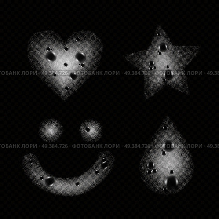 Soap foam monochrome set with white sudsy elements in shapes of heart star smiley droplet on dark transparent background isolated vector illustration. Soap Foam Realistic Monochrome Set . Стоковая иллюстрация, агентство Ingram Publishing / Фотобанк Лори