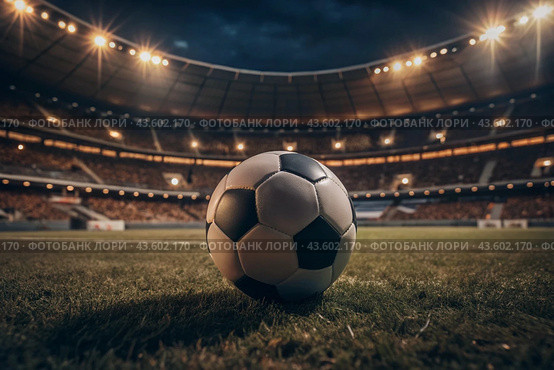 Soccer ball on the green field in soccer stadium. ready for game in the midfield. Стоковое AI-изображение, AI-художник Photojuli / Фотобанк Лори