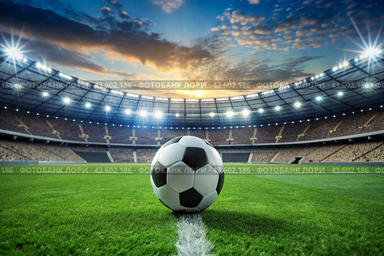 Soccer ball on the green field in soccer stadium. ready for game in the midfield. Стоковое AI-изображение, AI-художник Photojuli / Фотобанк Лори