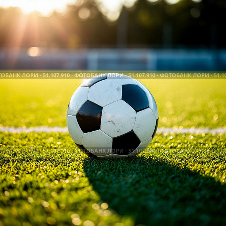 Soccer ball on the stadium sports field. Sunny day. Стоковое AI-изображение, AI-художник Ирина Гильмуллина / Фотобанк Лори