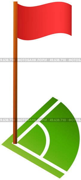 Soccer field corner with flying red flag isolated on white. Corner kick in football team game on stadium. Equipment for marking boundaries on sports field. Perimeter board on green grass field. Soccer field corner with flying red flag isolated on white. Corner kick in football team game. Стоковая иллюстрация, агентство Ingram Publishing / Фотобанк Лори