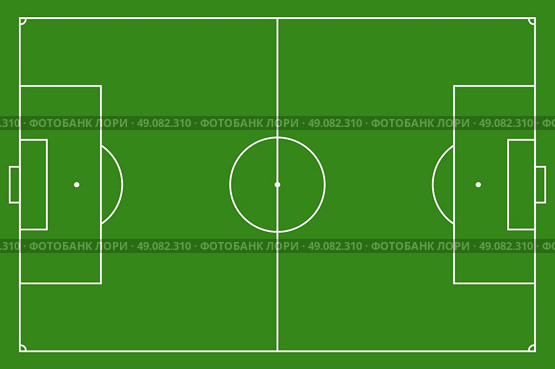 Soccer field, vector illustration. Football field with lines and areas. Marking the football field. FIFA soccer field size regulations.  105 : 68 m. Стоковая иллюстрация, агентство Ingram Publishing / Фотобанк Лори