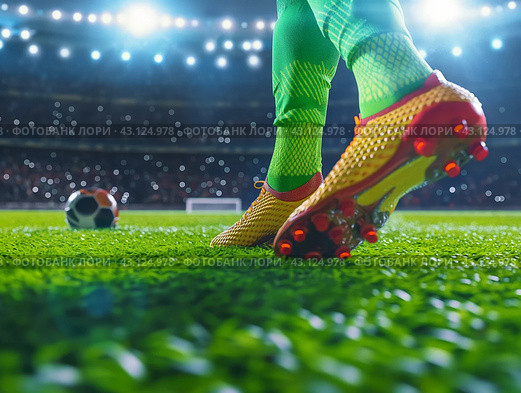 Soccer Player on Field Ready to Kick. Стоковое AI-изображение, AI-художник Кирилл Черезов / Фотобанк Лори
